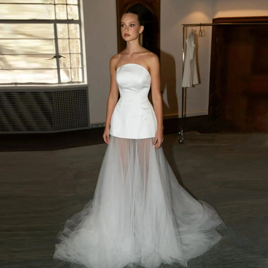 Elegant Bride Dresses Strapless A Line Satin Tulle Wedding Gowns Long Women Bride Party Dress Formal Brides Dress White