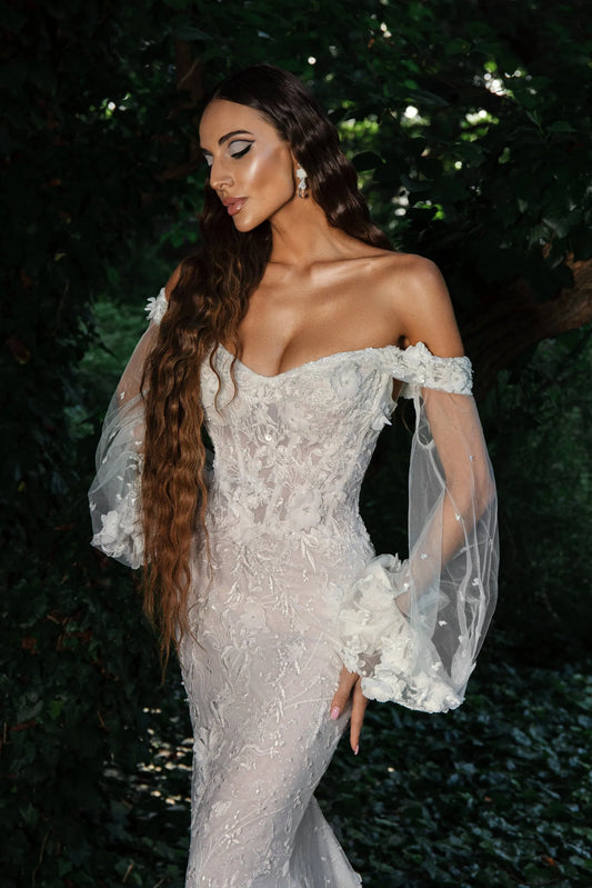 Exquisite Wedding Dresses For Women Graceful Bridal Gowns Lace Appliques Long Puff Sleeves V-Neck Pretty Vestidos De Novia White