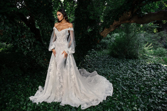 Exquisite Wedding Dresses For Women Graceful Bridal Gowns Lace Appliques Long Puff Sleeves V-Neck Pretty Vestidos De Novia