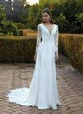 Fall In Love Store Custom Vestidos De Novia Deep V-Neck Long Sleeves Lace Appliques Wedding Dress A-Line Satin Bridal Gown As Picture