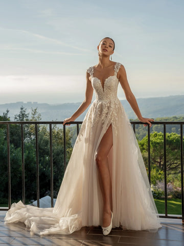 Ivory Lace Appliques Wedding Dresses Side Split Bridal Gowns Illusion A Line Princess Bride Dress Custom Size White