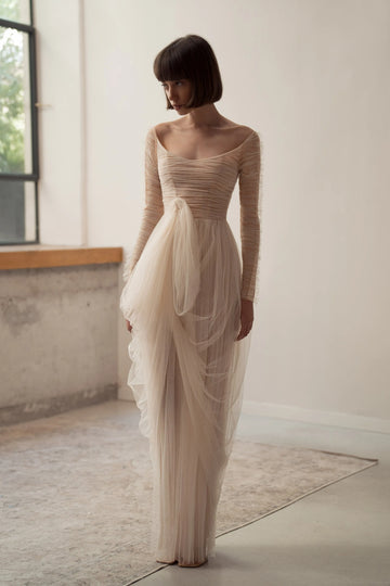 Dreamy Straight Weeding Dress Simple Long Sleeve Bride Robe Elegant Pleated Tulle Bridal Dresses Vestidos De Novia As Picture