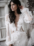 Bohemia Mermaid Wedding Dresses Backless Long Sleeves Bridal Gowns 3D-Floral Appliques Illusion Bride Dresses Custom Made
