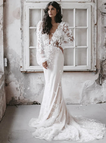 Bohemia Mermaid Wedding Dresses Backless Long Sleeves Bridal Gowns 3D-Floral Appliques Illusion Bride Dresses Custom Made Beige