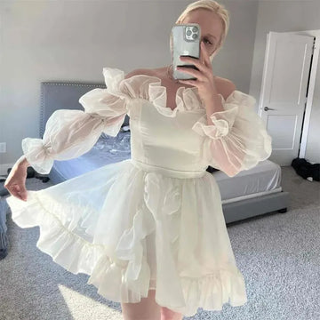 Long Puff Sleeves Off Shoulder Short Wedding Gown Mini Length Organza Ruffles A Line Bridal Dress Above Length Ivory