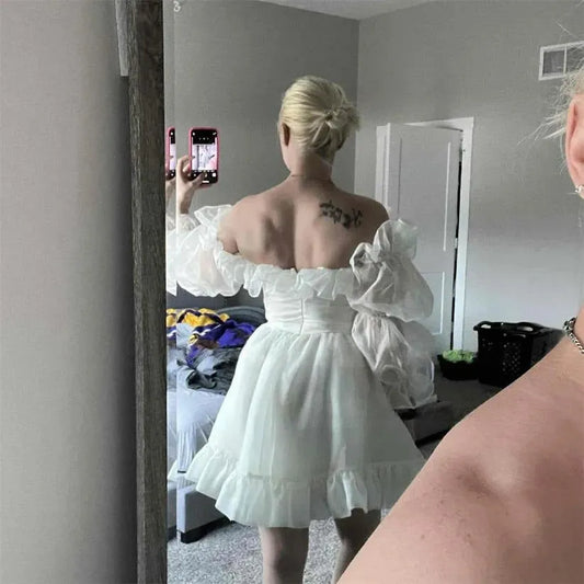 Long Puff Sleeves Off Shoulder Short Wedding Gown Mini Length Organza Ruffles A Line Bridal Dress Above Length