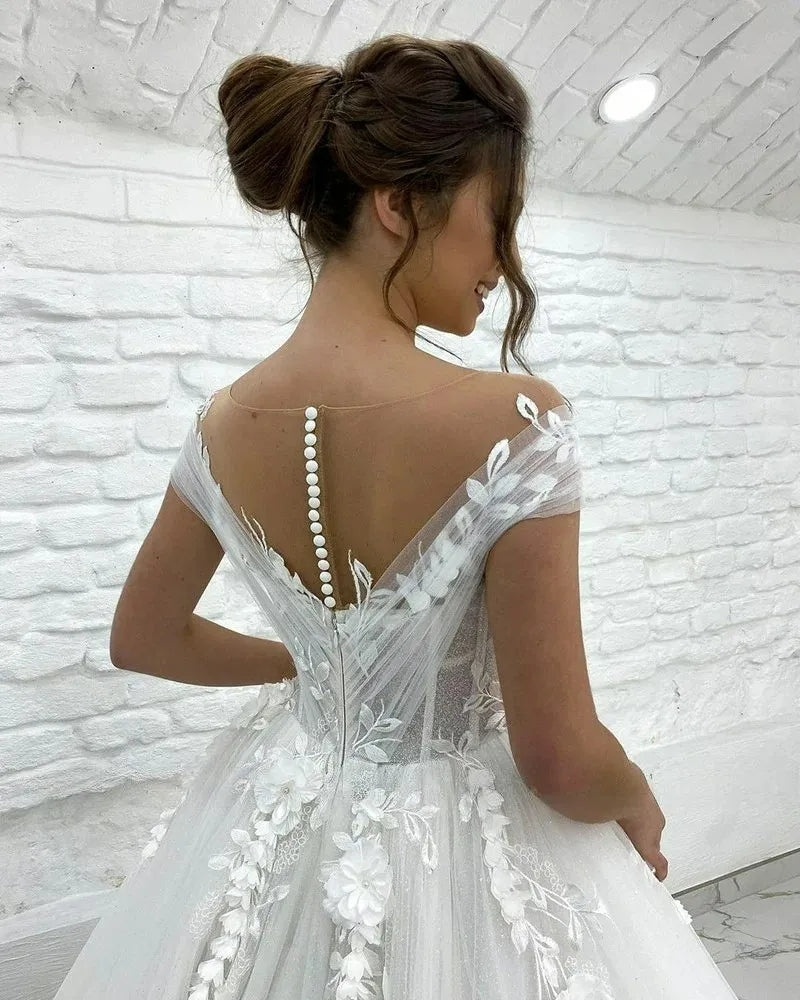 Classic White Tulle Wedding Dress Sleeveless 3D Flowers A-Line Floor-Length Bridal Gown Custom Made Women Formal Evening Dress