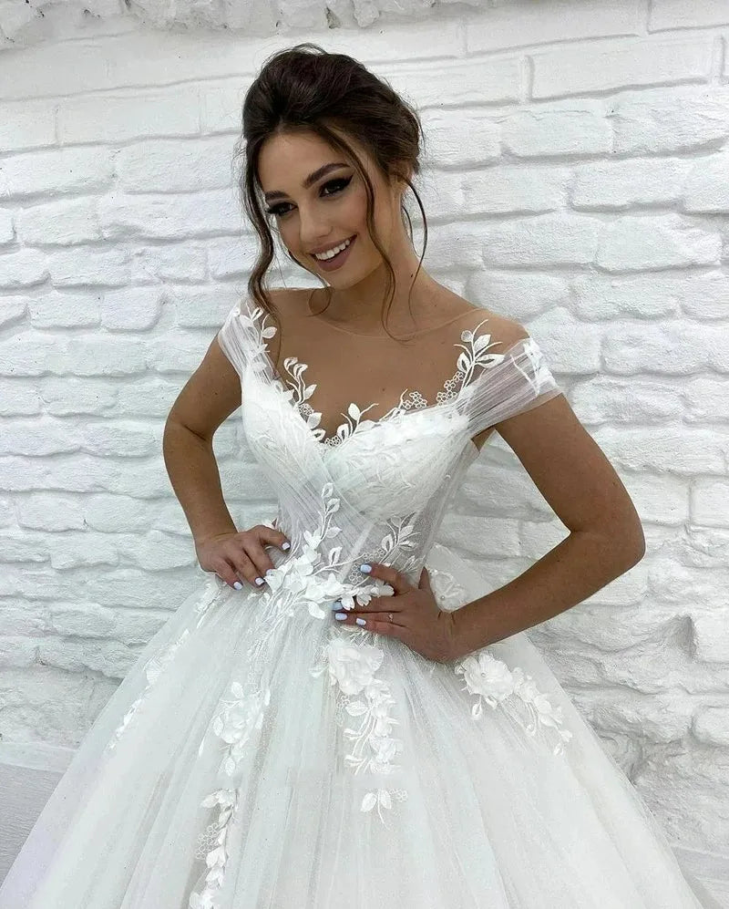 Classic White Tulle Wedding Dress Sleeveless 3D Flowers A-Line Floor-Length Bridal Gown Custom Made Women Formal Evening Dress
