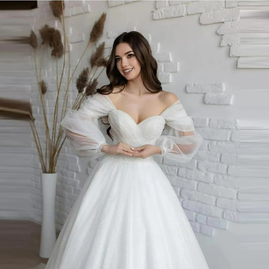 Luxury Lace Tulle Wedding Dresses Women's Elegant Sexy A Line Sweetheart Long Sleeve Princess Formal Bridal Gowns Vestidos Gala