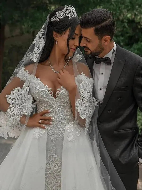 Luxury Mermaid Wedding Dresses Detachable Train Appliques Off Shoulder Lace Up Back Aso Ebi Bridal Gown Vestido De Novia