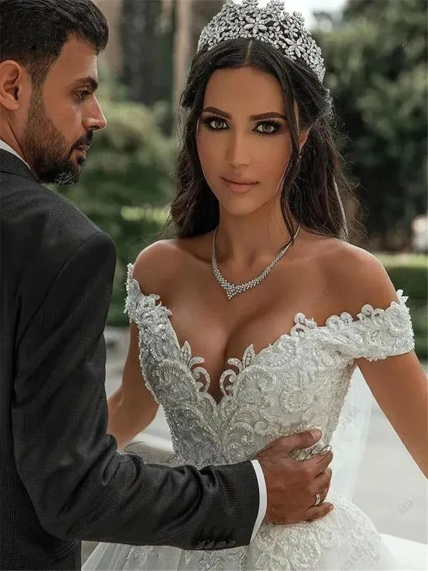 Luxury Mermaid Wedding Dresses Detachable Train Appliques Off Shoulder Lace Up Back Aso Ebi Bridal Gown Vestido De Novia