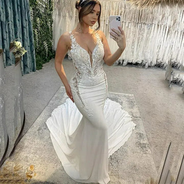 Elegant Wedding Dress Women Mermaid Open Back Lace V-Neck Spaghetti Straps Bridal Gown Applique Sweep Vestidos De Novia Ivory