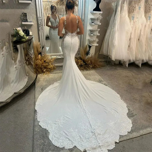 Elegant Wedding Dress Women Mermaid Open Back Lace V-Neck Spaghetti Straps Bridal Gown Applique Sweep Vestidos De Novia
