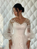 Graceful O-neck Long Sleeve Wedding Dress Classic Lace Appliques Bride Robe A-line Tulle Long Bridal Gown Robe De Mariée