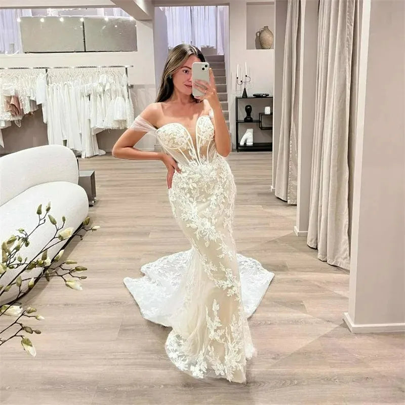 Charming Floral Appliques Lace Mermaid Wedding Dresses Off The Shoulder Illusion Bridal Gowns Robe De Mariée As Picture