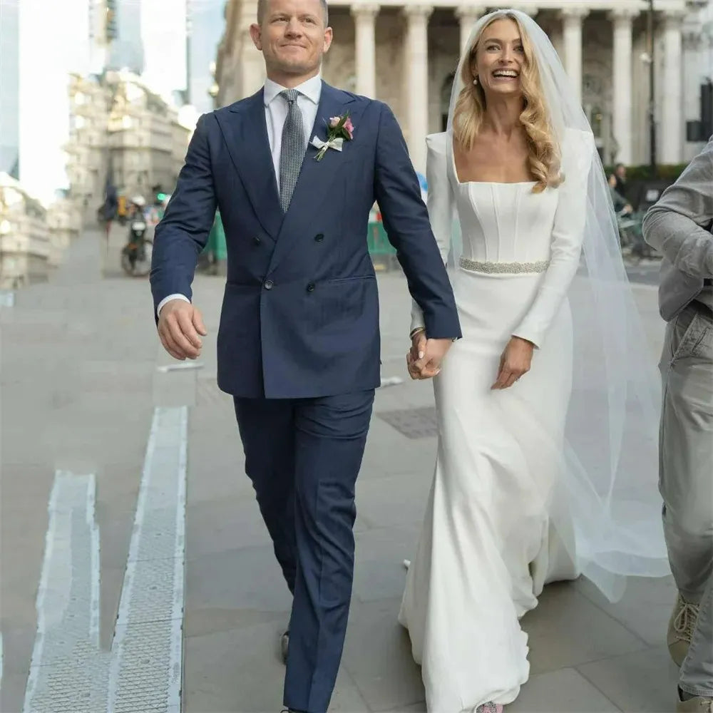 Elegant Meramid Wedding Dresses Women Long Sleeve Square Collar Belt Simple Satin Bridal Gown Sweep Train Vestidos De Noiva White