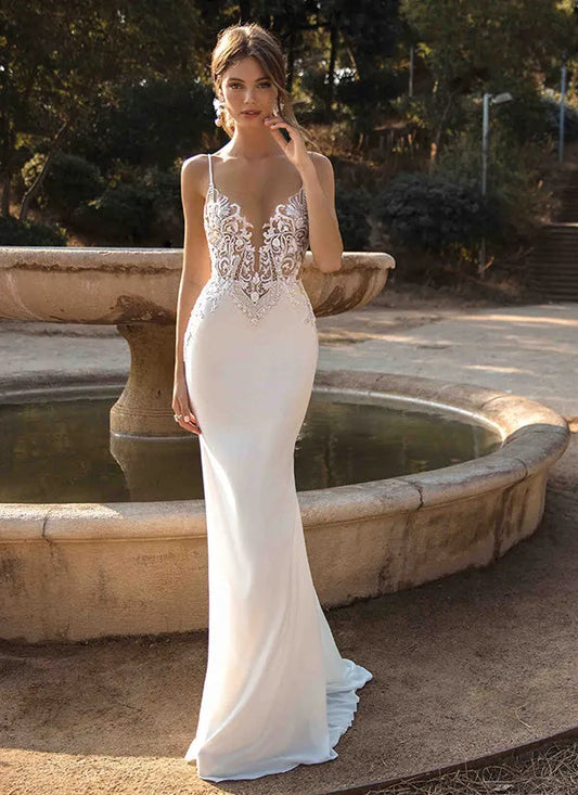 Sexy Spaghetti Straps Appliques Mermaid Wedding Dresse For Women Lace Beach Charming Bride Gowns Robe De Mariée Customize As Picture
