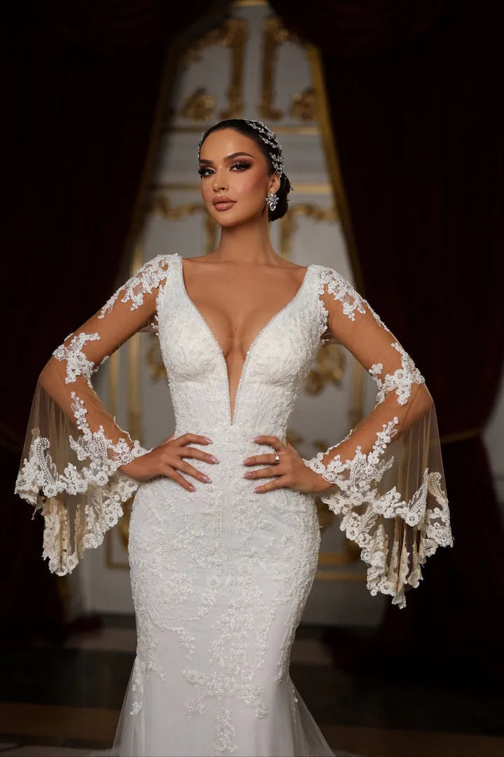 Elegant Mermaid Wedding Dresses Deep V-neck Long Sleeves Lace Applicants Tulle Backless Bridal Gown Custom Vestidos De Novia