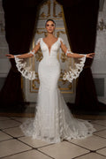 Elegant Mermaid Wedding Dresses Deep V-neck Long Sleeves Lace Applicants Tulle Backless Bridal Gown Custom Vestidos De Novia Champagne Custom size