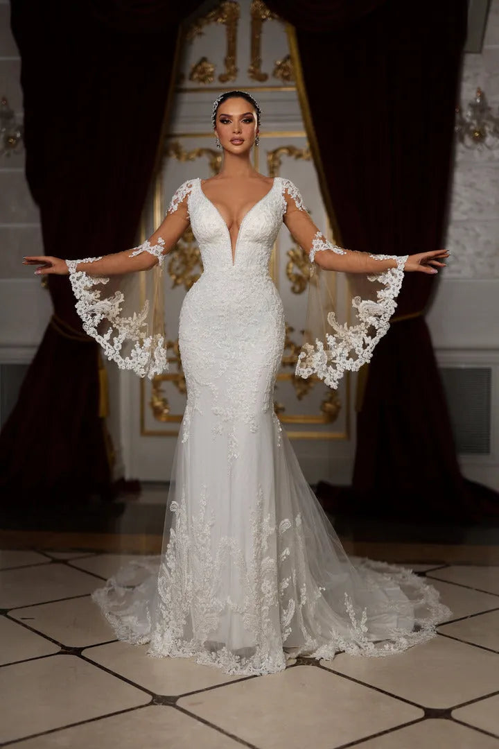 Elegant Mermaid Wedding Dresses Deep V-neck Long Sleeves Lace Applicants Tulle Backless Bridal Gown Custom Vestidos De Novia Champagne Custom size