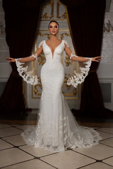 Elegant Mermaid Wedding Dresses Deep V-neck Long Sleeves Lace Applicants Tulle Backless Bridal Gown Custom Vestidos De Novia Champagne Custom size