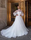 High Neck See Through Long Sleeves Organza Wedding Dress with Bow Dress for Bridal vestidos blancos de mujer White