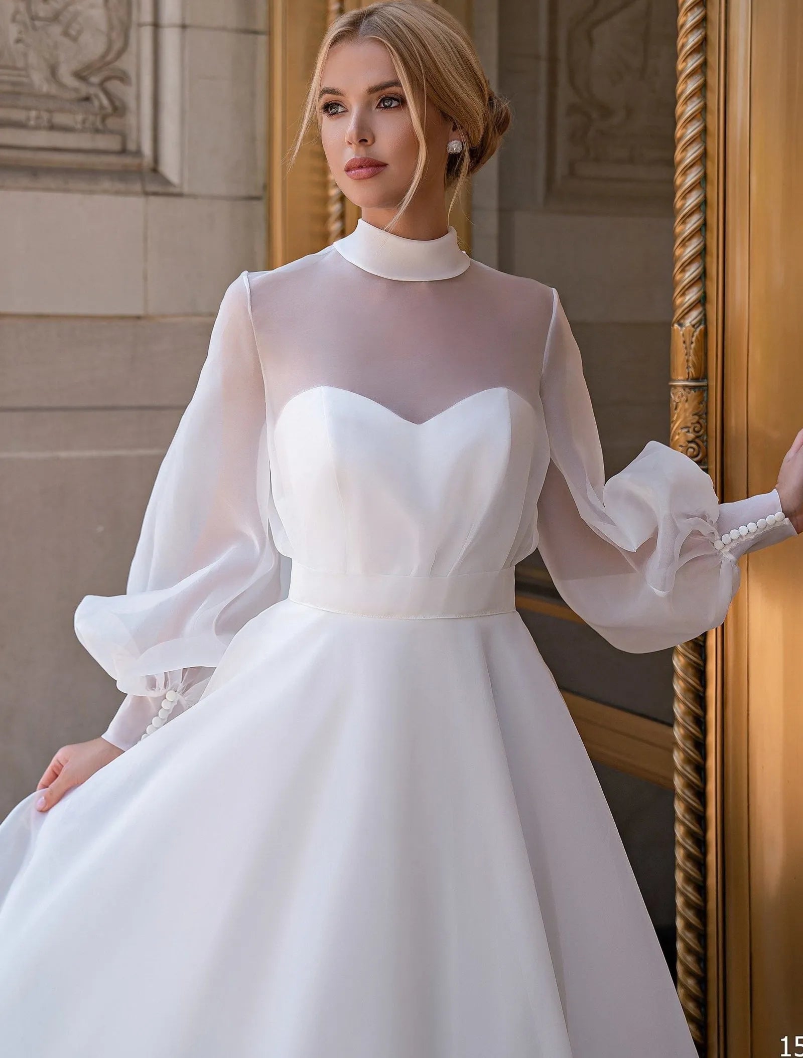 High Neck See Through Long Sleeves Organza Wedding Dress with Bow Dress for Bridal vestidos blancos de mujer