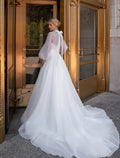 High Neck See Through Long Sleeves Organza Wedding Dress with Bow Dress for Bridal vestidos blancos de mujer