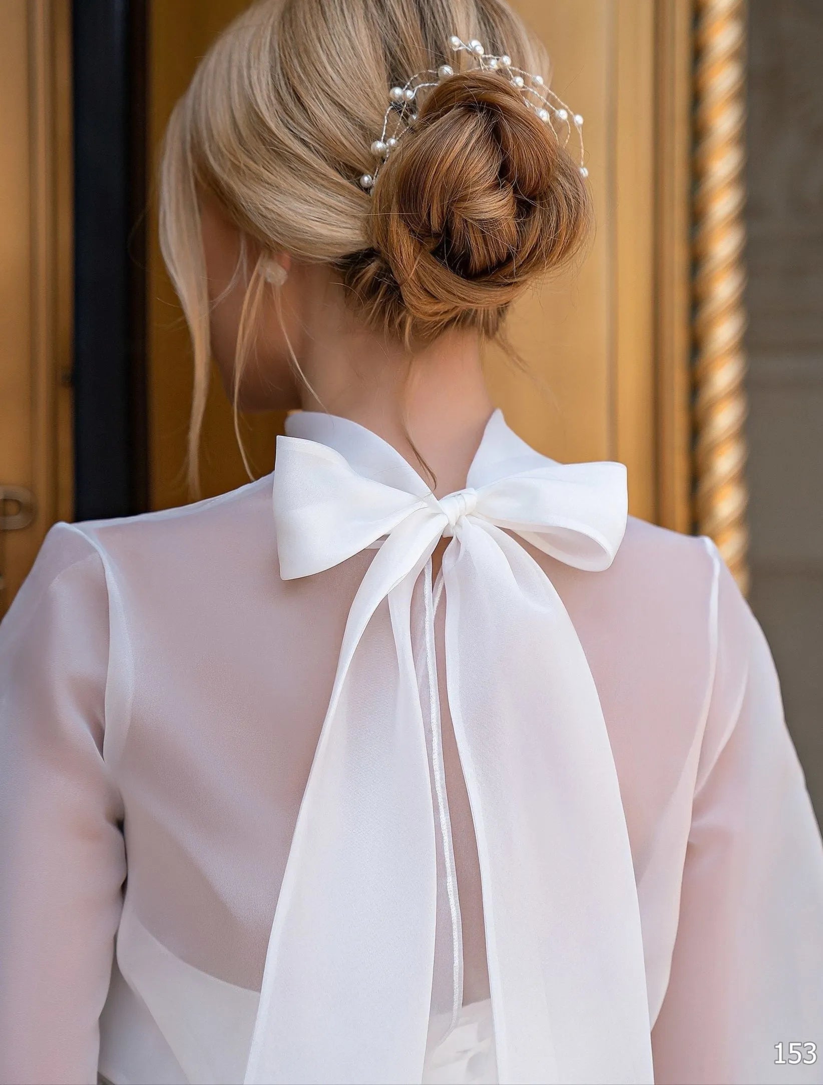 High Neck See Through Long Sleeves Organza Wedding Dress with Bow Dress for Bridal vestidos blancos de mujer