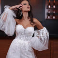 Two In One Detachable Short Wedding Dresses Lace Sweetheart Tulle Puff Long Sleeves Bridal Gowns Dubai Robe de mariage