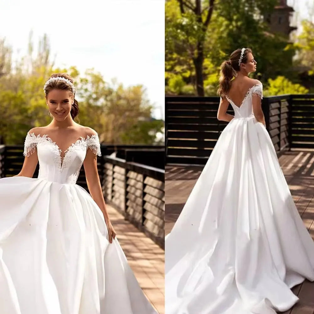 Princess A-Line Wedding Dress with Bead Lace Appliques, Illusion Back,