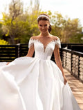 Princess Wedding Dress A Line Bead Lace Appliques Bride Dress Illusion Back Party Dress Long Train Wedding Gowns vestido novia