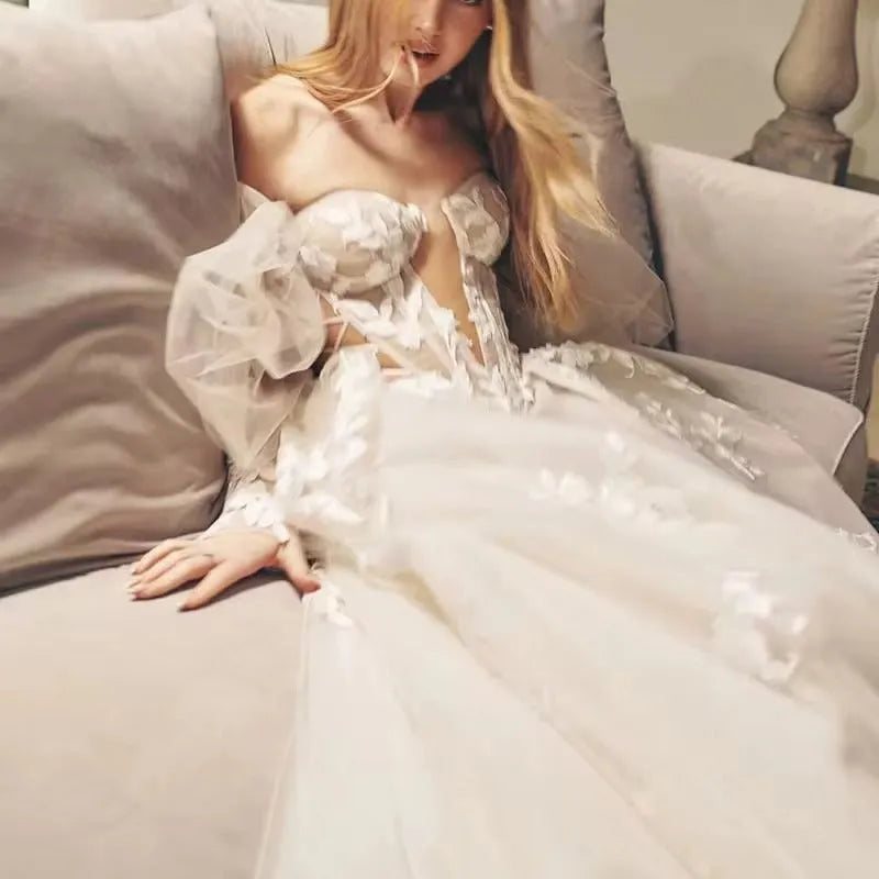 Bohemia Wedding Dresses Sweetheart 3D Flower Appliques Lace A-Line Bridal Gowns Beach Puff Sleeves Boho Wedding Dress