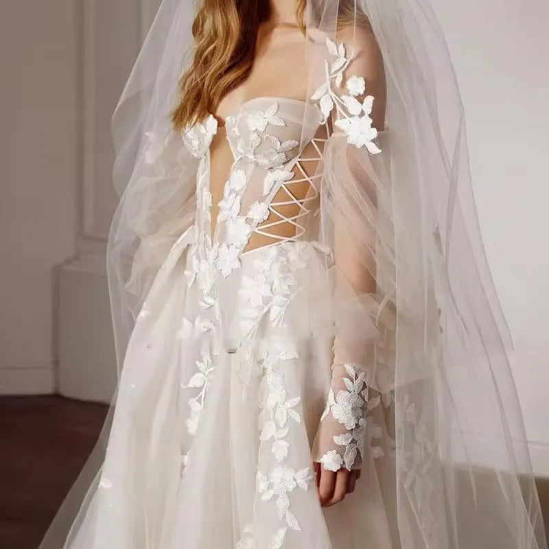Bohemia Wedding Dresses Sweetheart 3D Flower Appliques Lace A-Line Bridal Gowns Beach Puff Sleeves Boho Wedding Dress