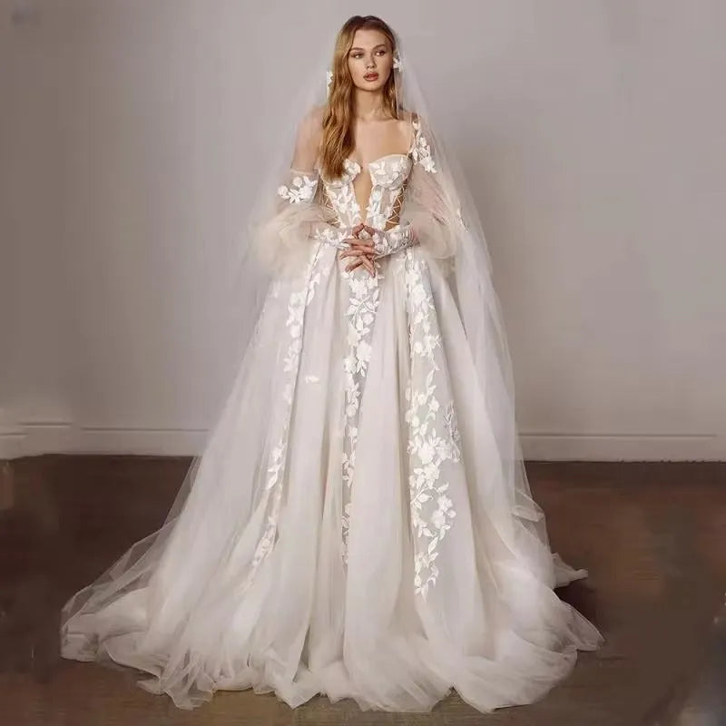 Bohemia Wedding Dresses Sweetheart 3D Flower Appliques Lace A-Line Bridal Gowns Beach Puff Sleeves Boho Wedding Dress