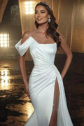 Sexy Satin Mermaid Wedding Dress With Pearls Bride Dresses High Slit Pleated For Women Custom Made Bridal Gown Robe De Mariee