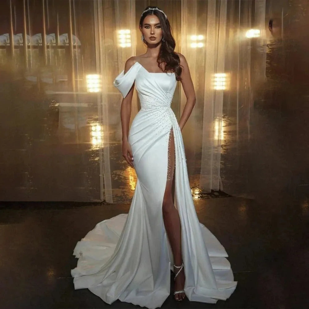 Sexy Satin Mermaid Wedding Dress With Pearls Bride Dresses High Slit Pleated For Women Custom Made Bridal Gown Robe De Mariee As Picture