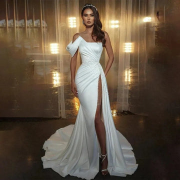 Sexy Satin Mermaid Wedding Dress With Pearls Bride Dresses High Slit Pleated For Women Custom Made Bridal Gown Robe De Mariee As Picture