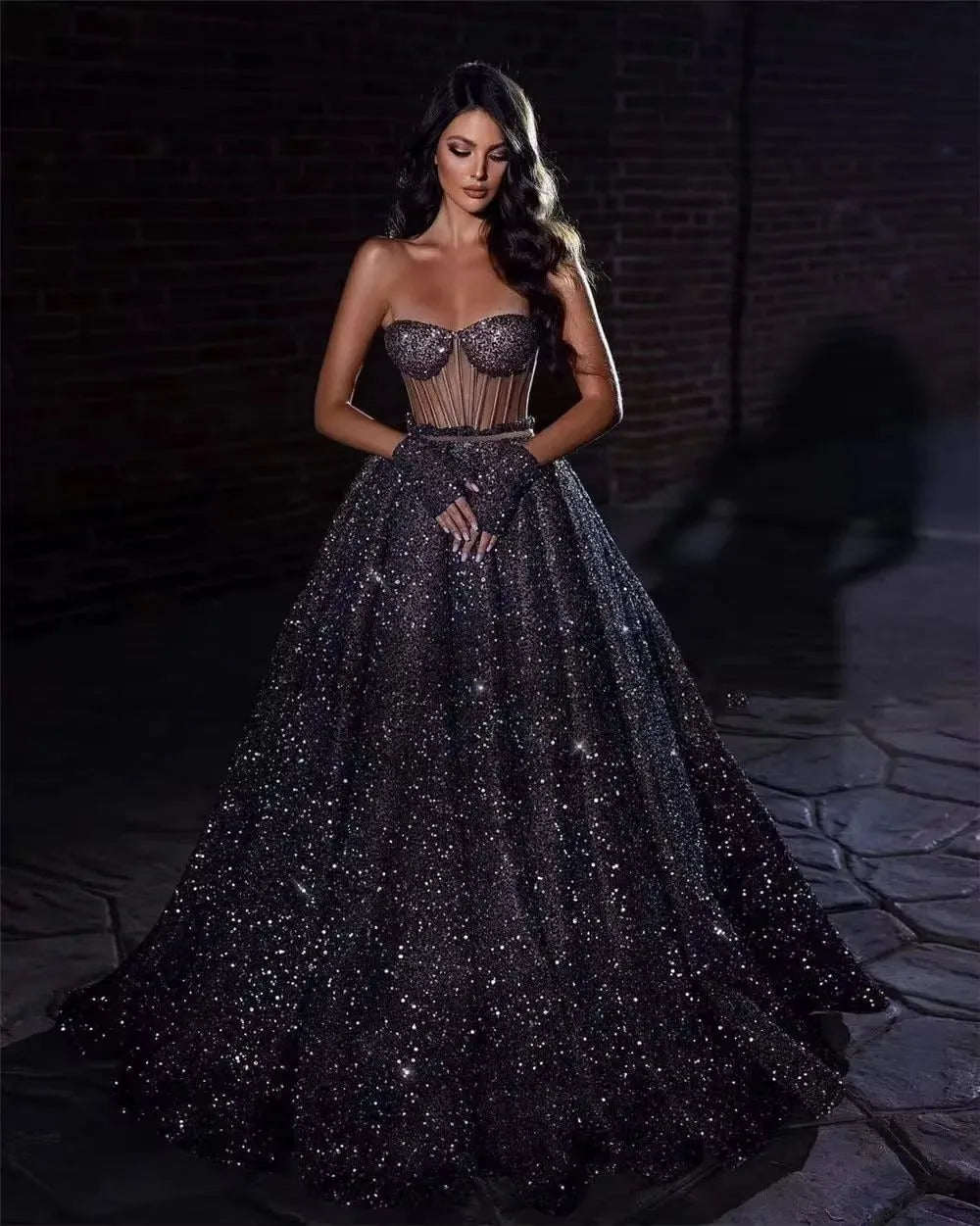 Glitter Sequin A Line Prom Dresses Sweetheart See Through Body Evening