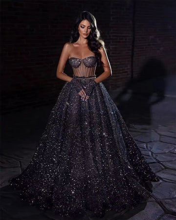 Glitter Sequin A Line Prom Dresses Sweetheart See Through Body Evening Dress Exposed Bones Plus Size Formal Party Gowns