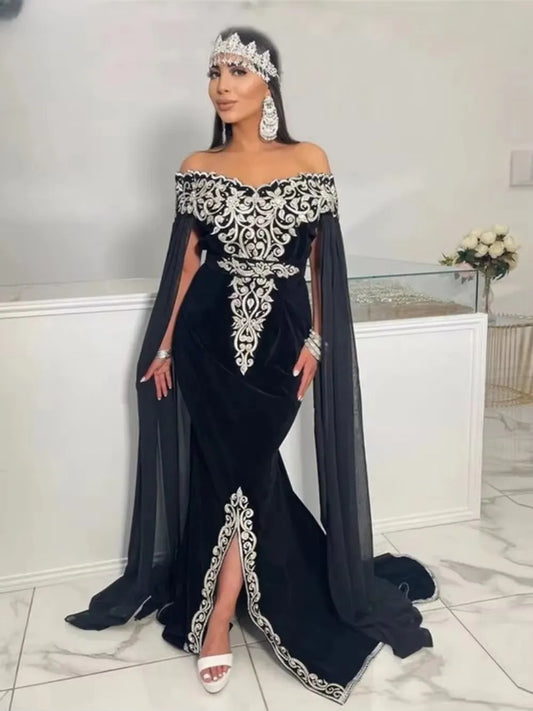 Arabic Mermaid Velvet Evening Dresses Off The Shoulder Split Appliques Long Cape Sleeves Prom Gowns Algerian Outfits