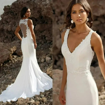 Elegant V Neck Mermaid Wedding Dress Sleeveless Appliques Satin Illusion Back Sweep Train Bridal Gown Vestidos De Novia Beige