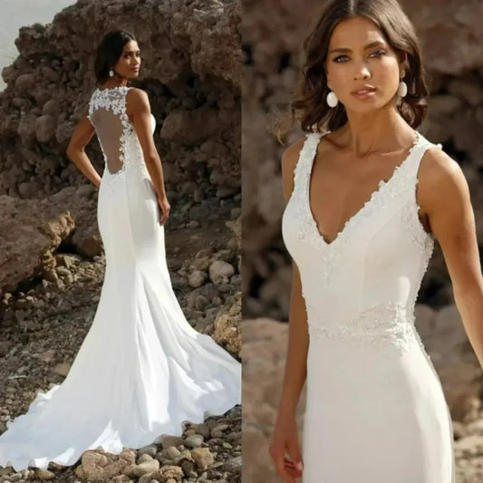 Elegant V Neck Mermaid Wedding Dress Sleeveless Appliques Satin Illusion Back Sweep Train Bridal Gown Vestidos De Novia Beige