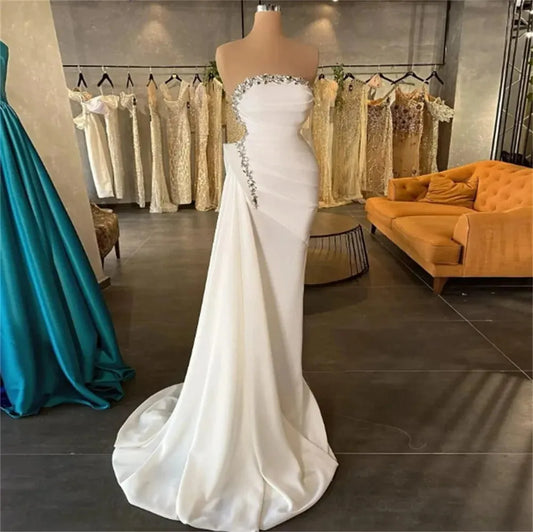 Modern Elegant White Mermaid Wedding Dresses Sparkle Rhinestone Pleated Sexy Strapless Ruched Bridal Gowns Vestidos De Novia As Picture