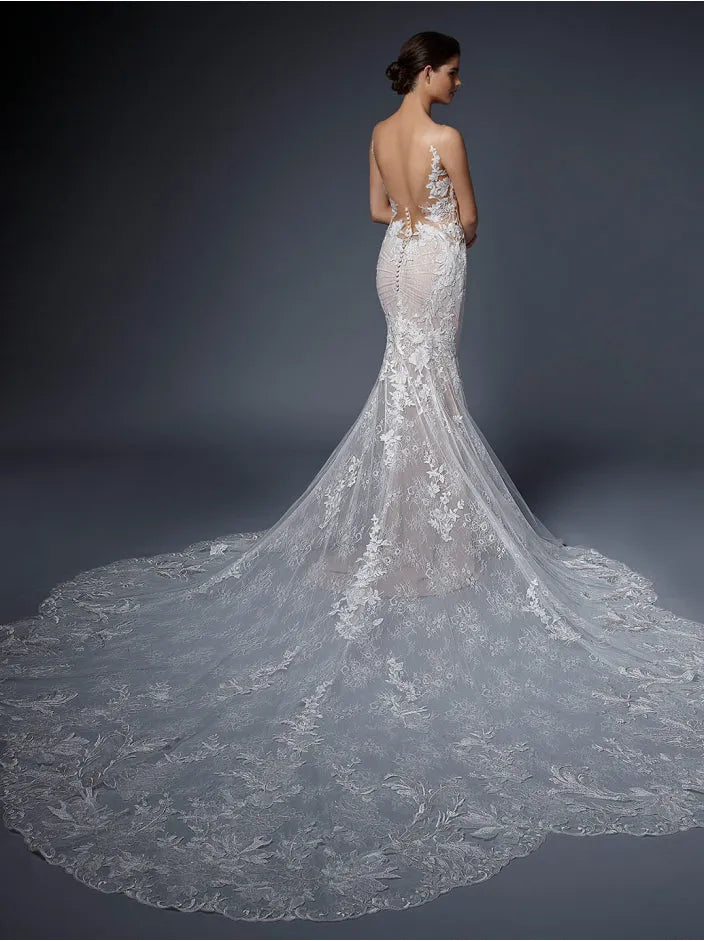 Luxury Wedding Dress Women Mermaid Open Back V-Neck Lace Spaghetti Strap Bridal Gown Sweep Train Vestidos De Novia
