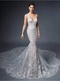 Luxury Wedding Dress Women Mermaid Open Back V-Neck Lace Spaghetti Strap Bridal Gown Sweep Train Vestidos De Novia