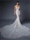 Luxury Wedding Dress Women Mermaid Open Back V-Neck Lace Spaghetti Strap Bridal Gown Sweep Train Vestidos De Novia