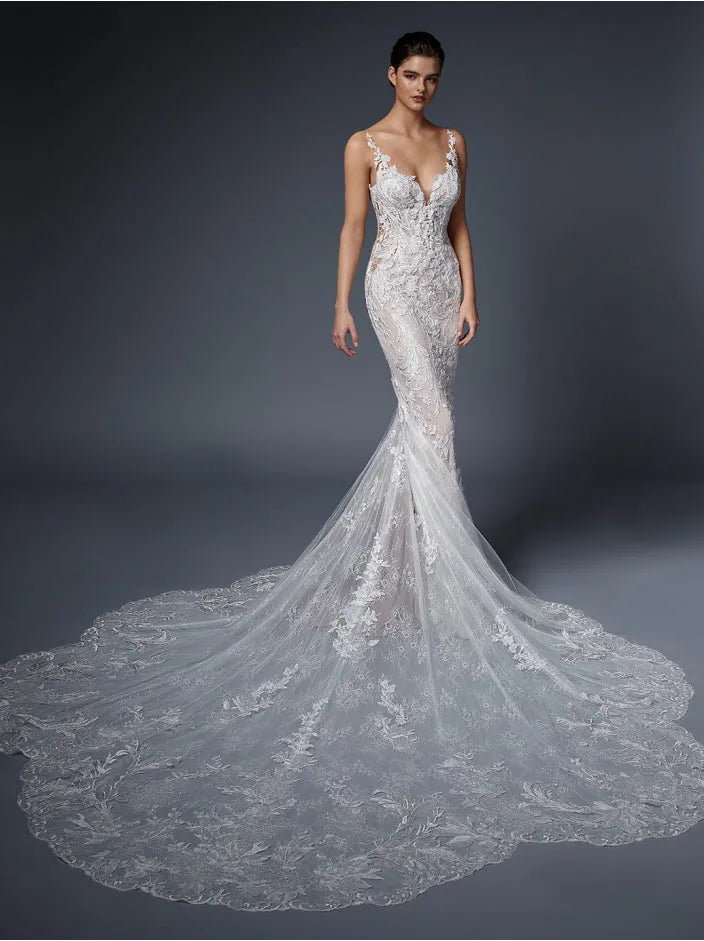 Luxury Wedding Dress Women Mermaid Open Back V-Neck Lace Spaghetti Strap Bridal Gown Sweep Train Vestidos De Novia