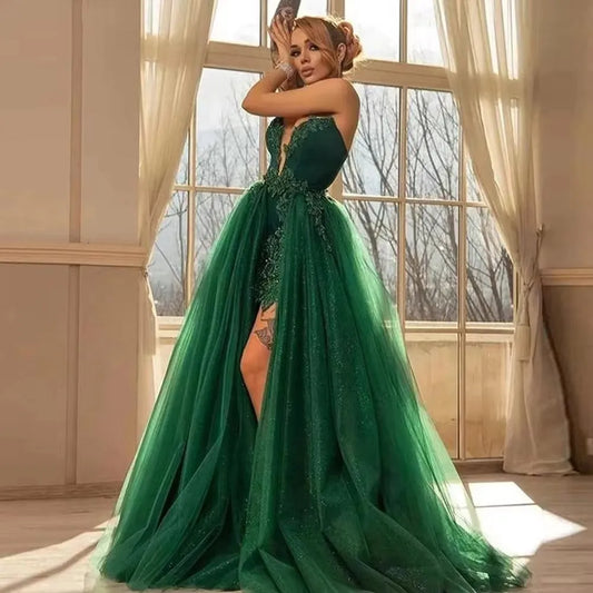 Luxury Cocktail Ball Gown Prom Dress Green Detachable Tail Formal Occasion Dresses Sweep Train Evening Dress