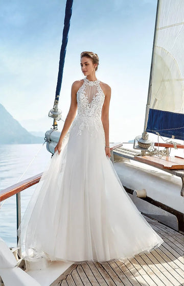 Sexy Halter Neck Wedding Dress Lace Sleeveless A-Line Tulle Bride Wedding Party Dress Boho Beach Sweep Train Robe de mariée As Picture